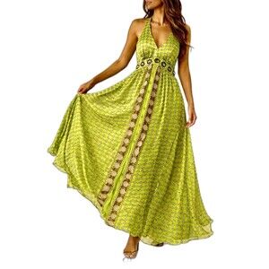 RB Collection Silk Maxi Dress Green Boho Halter Cutout Floral Y2K 10
